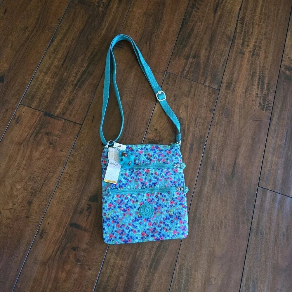Kipling Keiko Crossbody Lightweight Shoulder Bag Teal Floral Print Monkey Charm - Picture 1 of 8